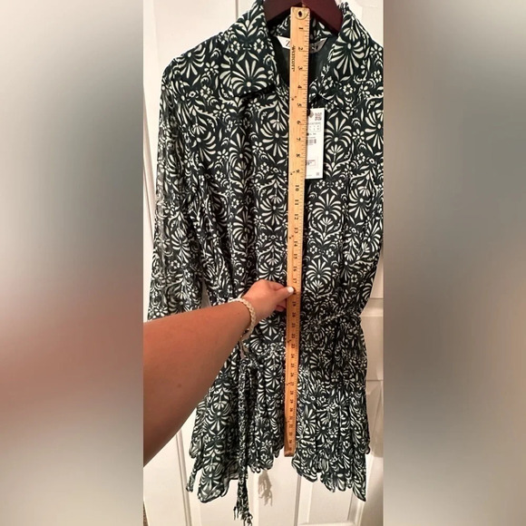 NWT Zara Green Printed Button Down Dress Braided Self Belt Elastic Sleeves LARGE - Picture 15 of 15